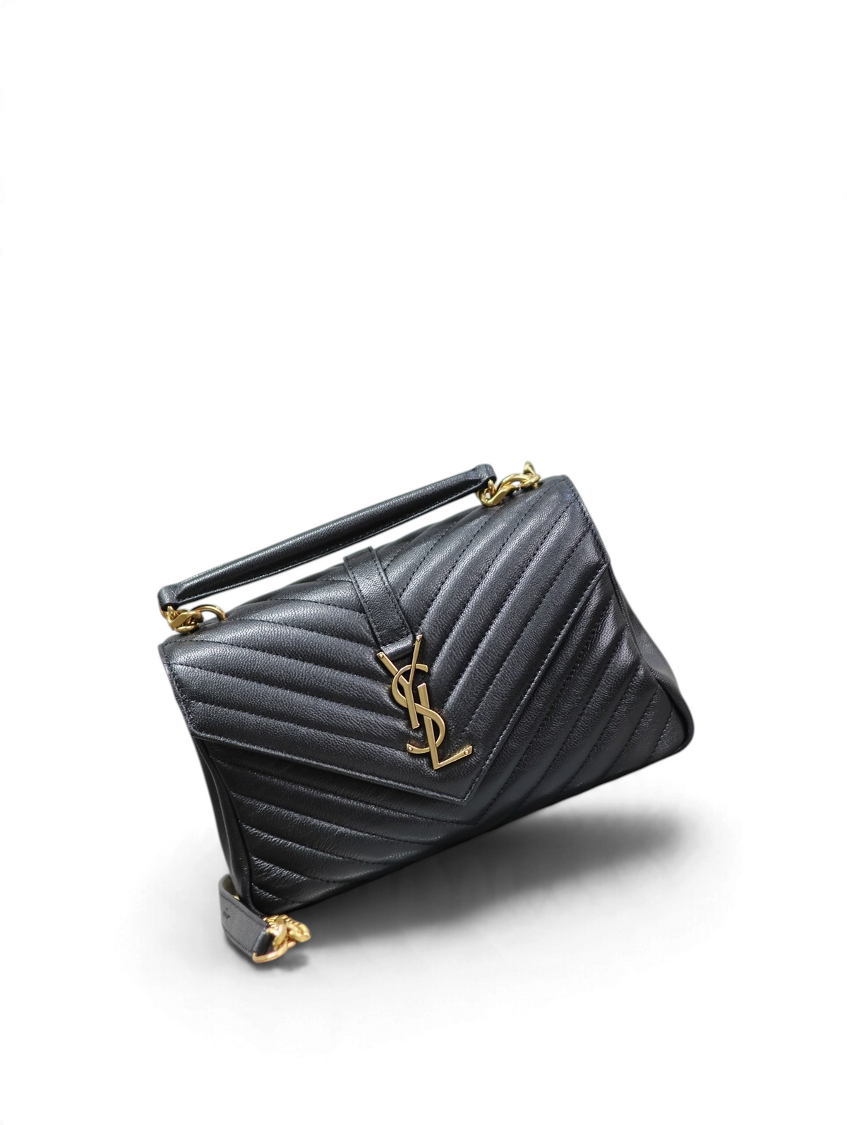 SWORD LUXURY siyah kapitone deri Collage çanta, chevron desenli, YSL logolu ve metal zincir askılı şık tasarım.