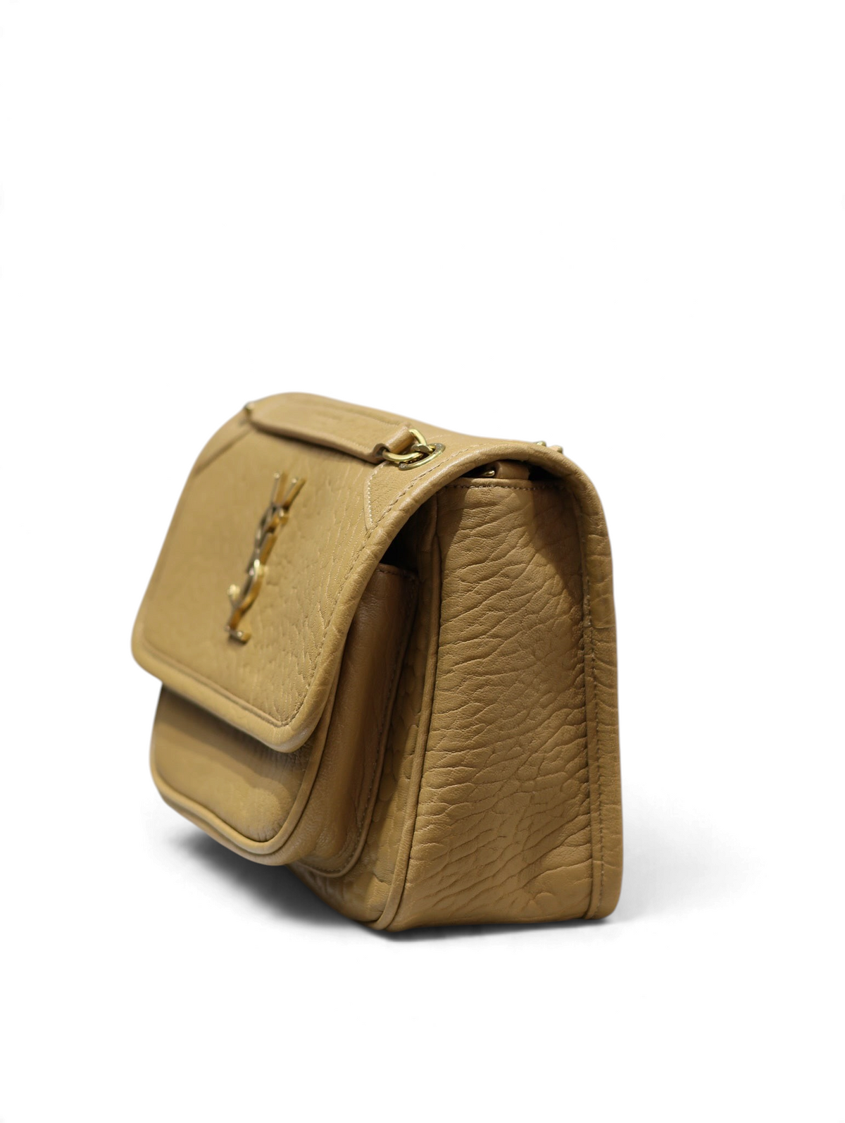 SWORD LUXURY Niki orta boy bej renkli, taneli deri satchel çanta, altın tonlu YSL monogram detaylı ve zincir askılı.
