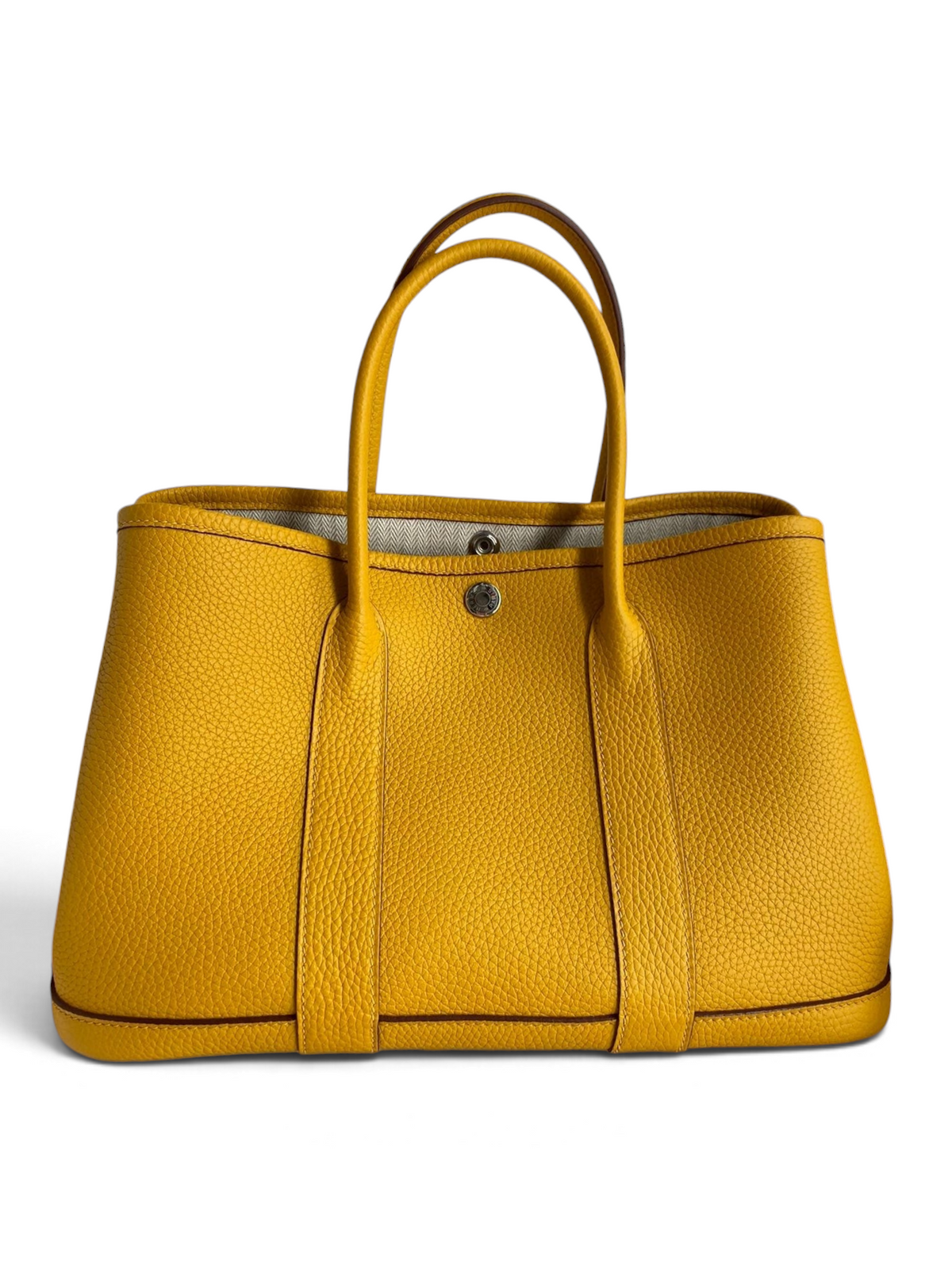 SWORD LUXURY marka sarı renkli deri ve kanvas Hermès Garden Party 30 çanta, kutu içerisinde sunuluyor.