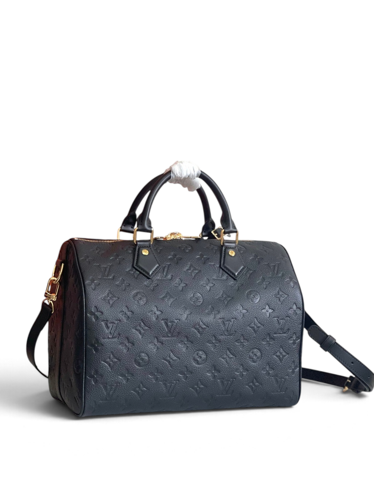 SWORD LUXURY siyah Monogram Empreinte deri Louis Vuitton Speedy Bandoulière 25 çanta, altın tonlu donanımlı