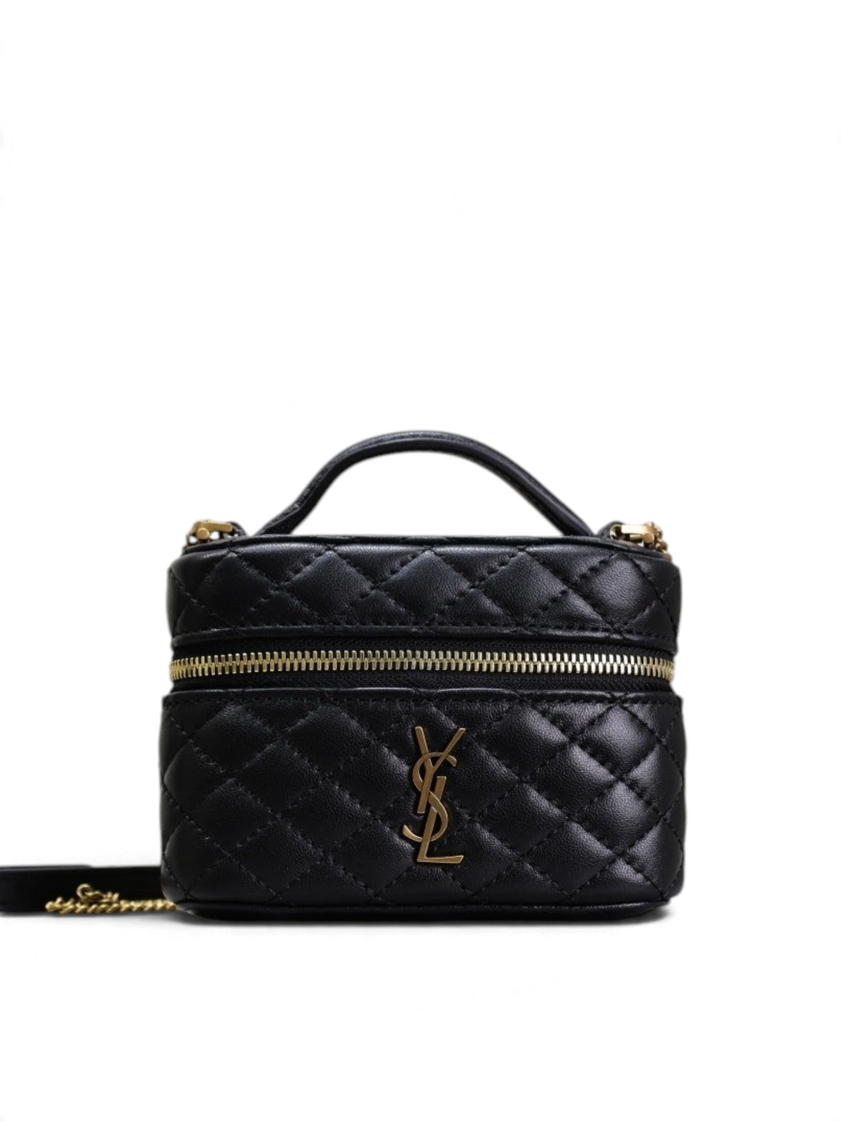 SWORD LUXURY siyah kapitone deri vanity çanta, altın renkli YSL logo detayı ve üst taşıma sapı ile zarif tasarım.