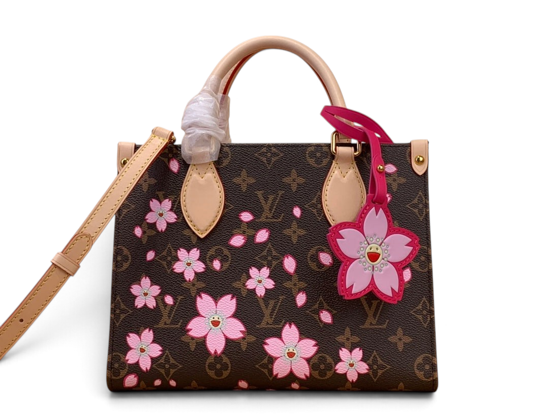 SWORD LUXURY Louis Vuitton x Takashi Murakami OnTheGo PM çanta, kahverengi monogram kanvas ve pembe kiraz çiçeği desenli
