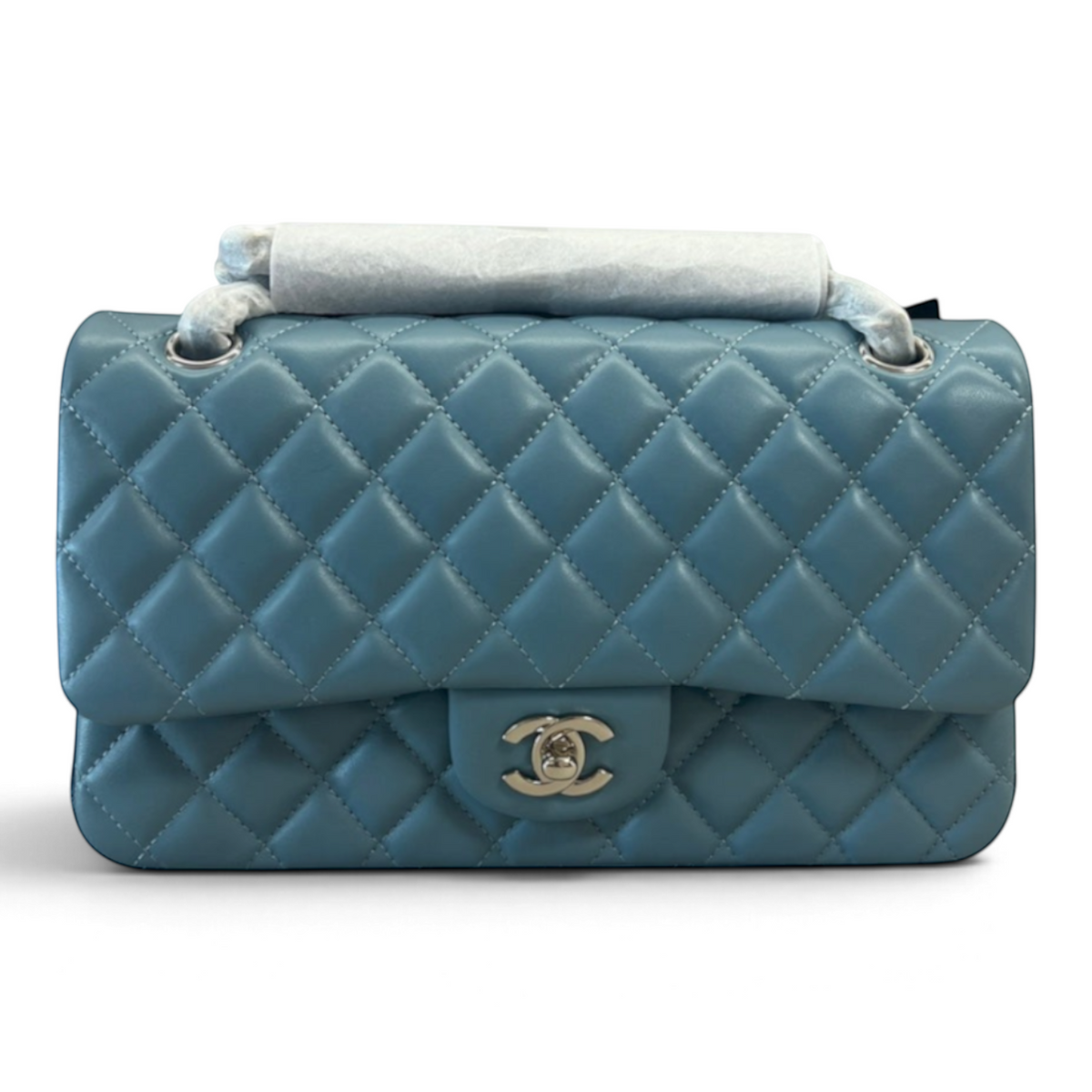 SWORD LUXURY marka, elmas kapitone desenli, mavi kuzu derisi Chanel Classic Double Flap çanta