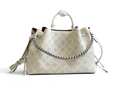 SWORD LUXURY Bella tote çanta, krem rengi delikli Monogram Empreinte deri, gümüş zincir detaylı ve büzgülü tasarım.