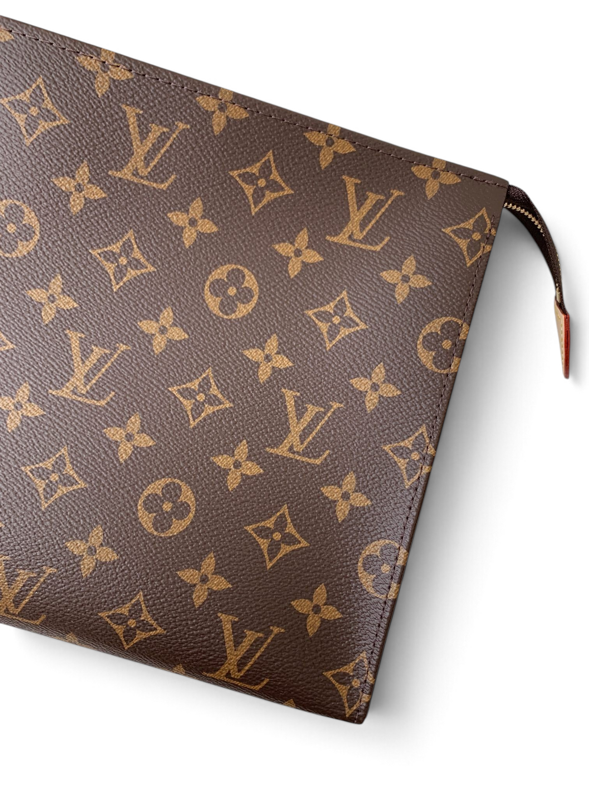 SWORD LUXURY kahverengi monogram kanvas desenli, fermuarlı ve deri detaylı şık makyaj ve bakım çantası.