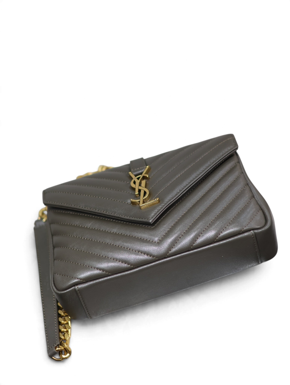 SWORD LUXURY siyah kapitone deri Collage çanta, chevron dikişli, YSL logolu ve metal zincir askılı şık tasarım.
