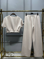 Beige 2-Piece Luxury Set – Zip Top & Wide-Leg Pants