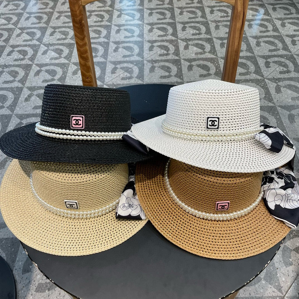 Woven Straw Hat with Pearl Band and Silk Bow Detail