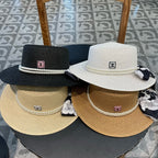 Woven Straw Hat with Pearl Band and Silk Bow Detail