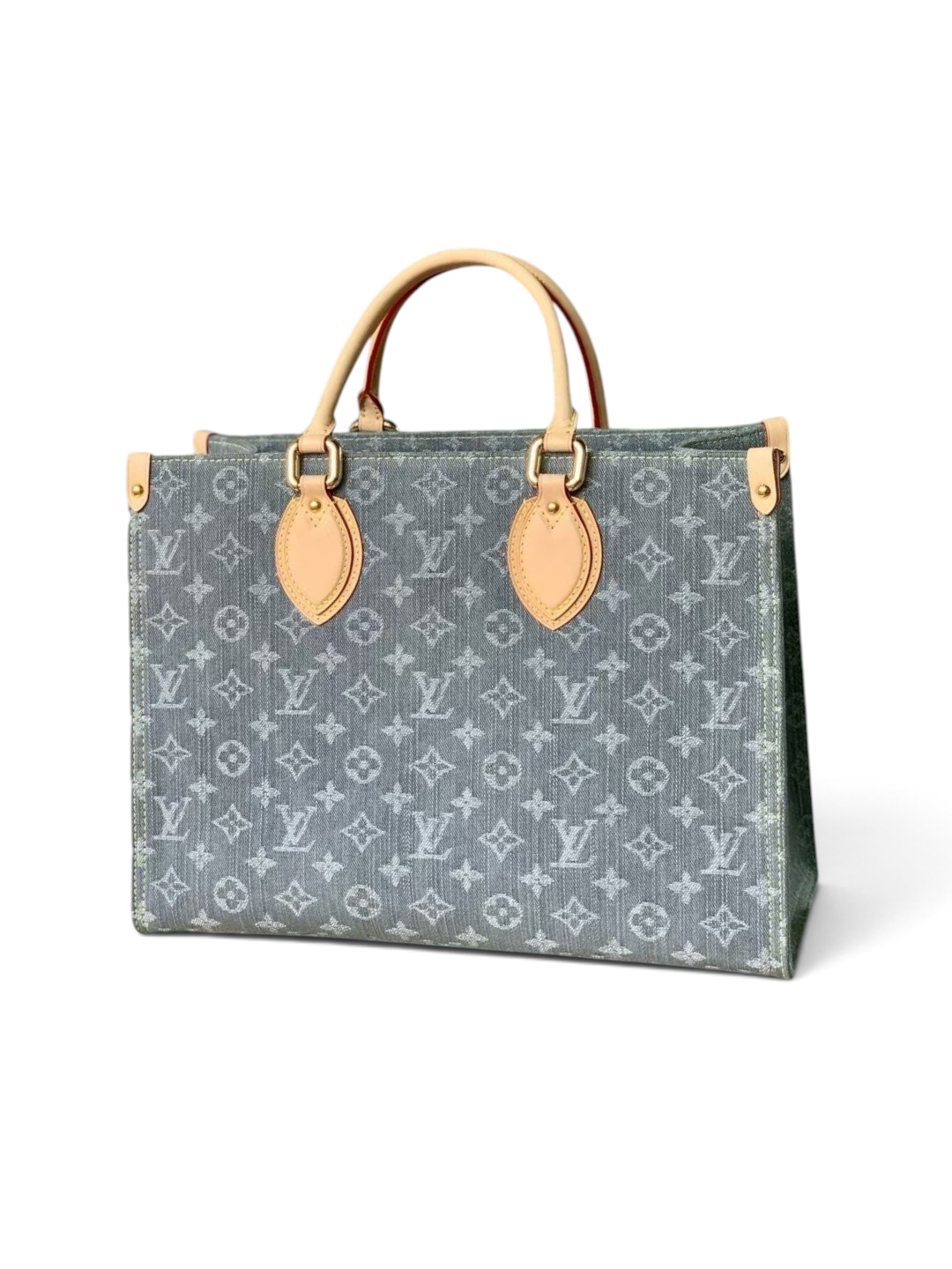 SWORD LUXURY gri monogram desenli denim kanvas OnTheGo MM çanta, doğal deri saplar ve altın tonlu metal detaylar.