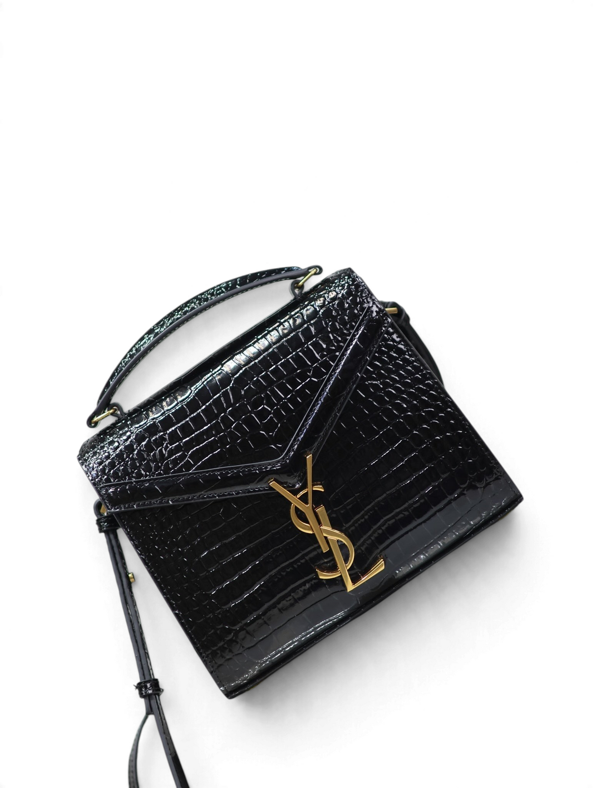 SWORD LUXURY Cassandra mini siyah timsah derisi görünümlü çanta, altın tonlu YSL monogram detaylı ve üst saplı.