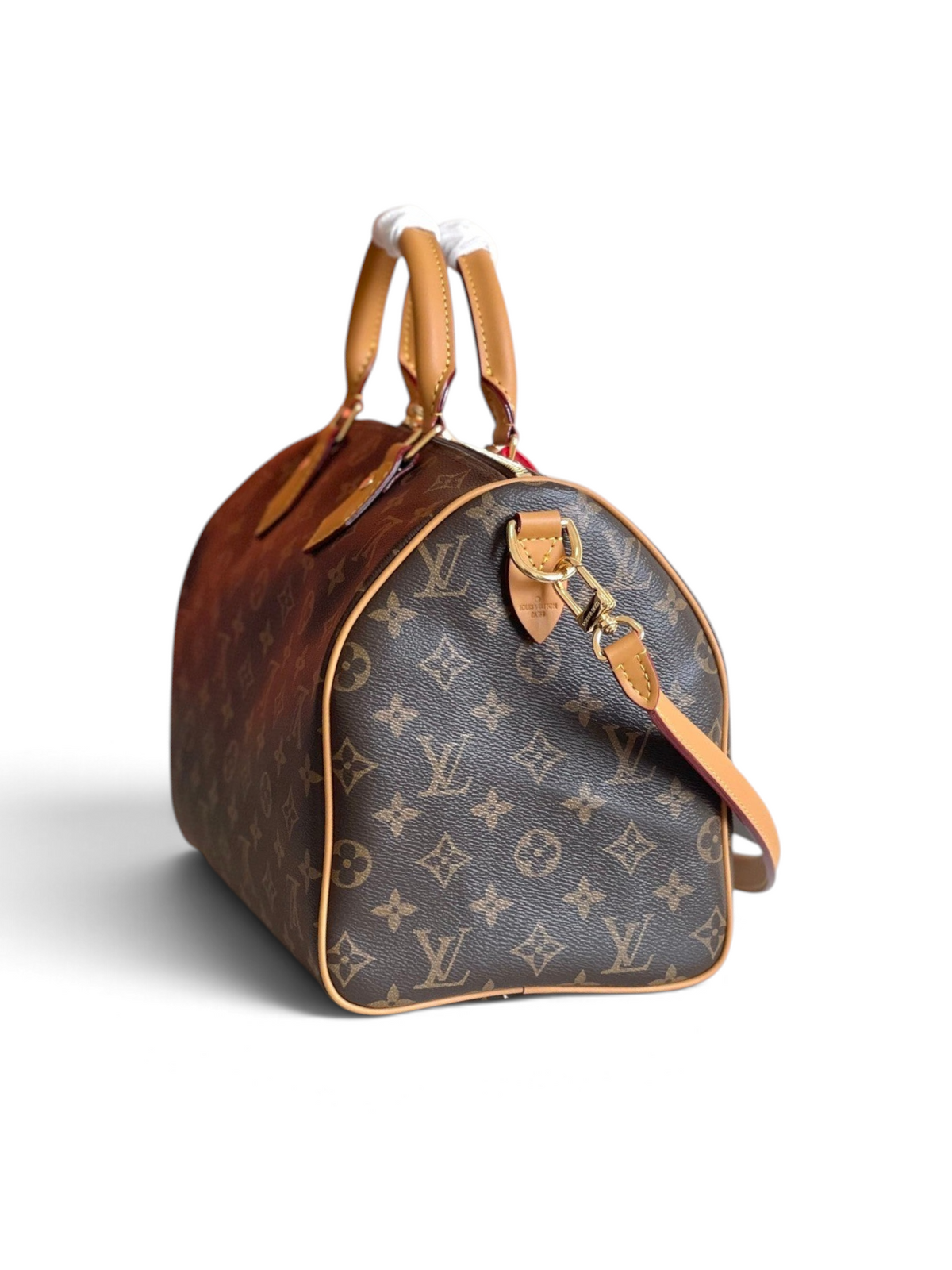 SWORD LUXURY Speedy Bandoulière 30 tarzı kahverengi monogram kanvas çanta, deri saplı ve ayarlanabilir omuz askılı.