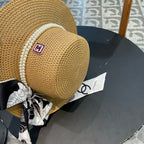 Woven Straw Hat with Pearl Band and Silk Bow Detail