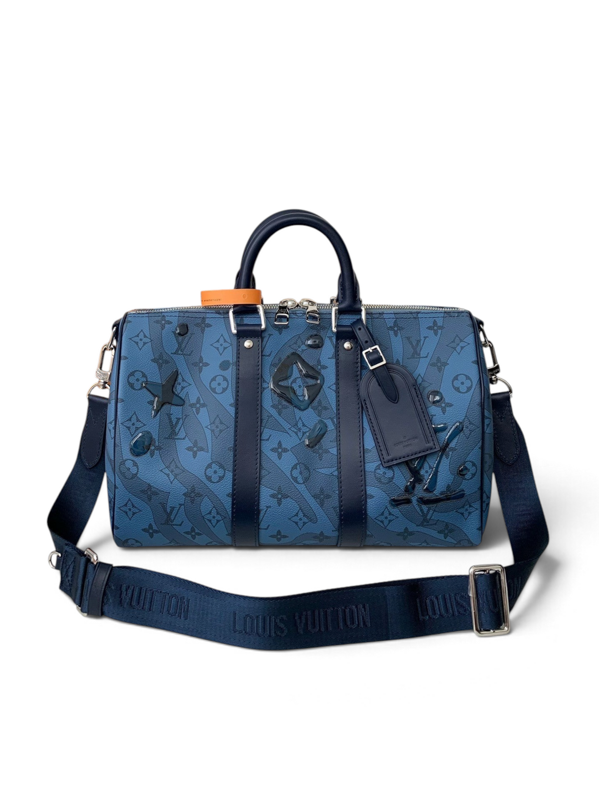 SWORD LUXURY mavi monogram kanvas Keepall Bandoulière 35 seyahat çantası, lacivert deri detaylar ve omuz askısı ile.