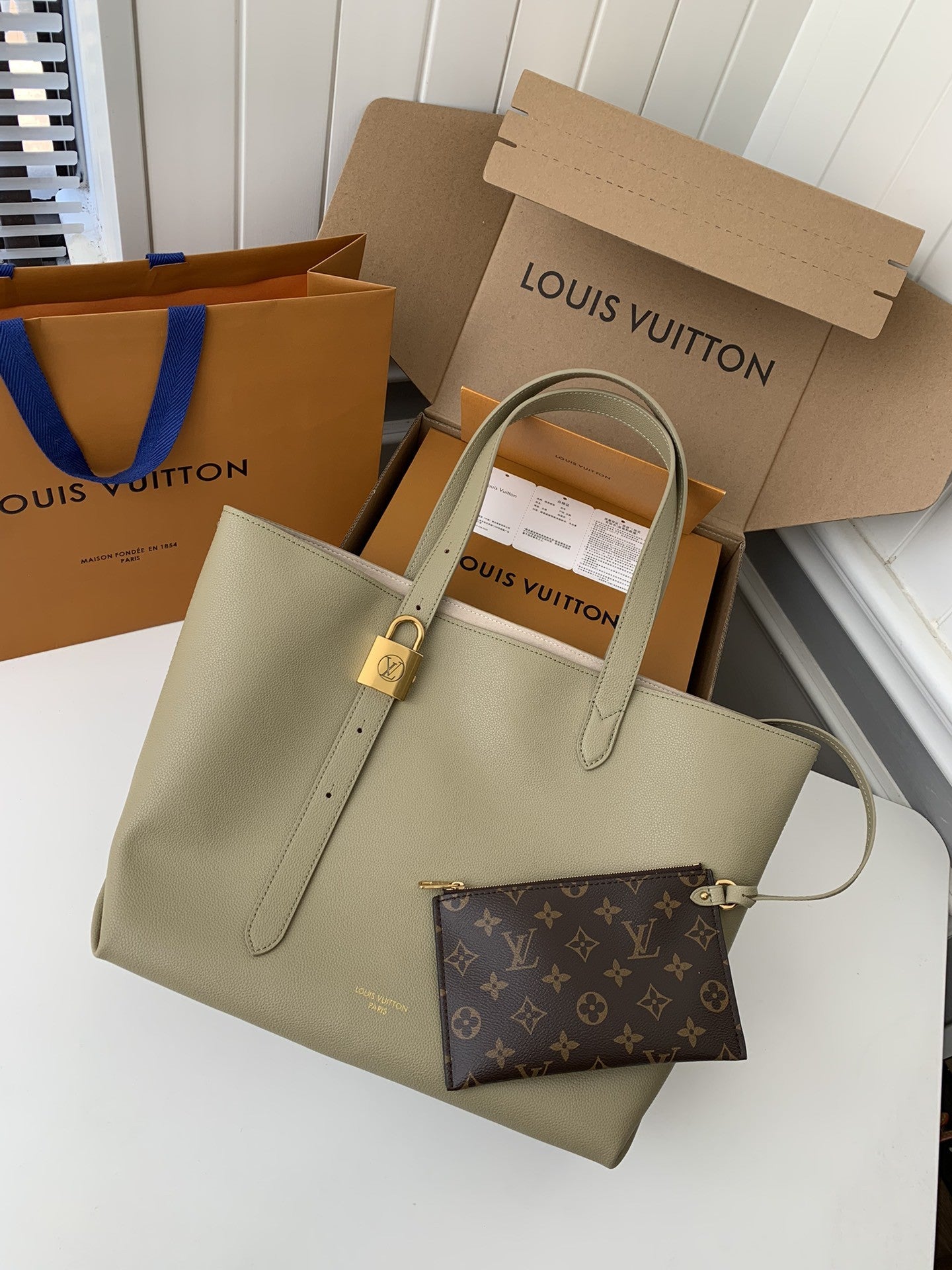 Calfskin Leather Tote Bag with Monogram Pouch