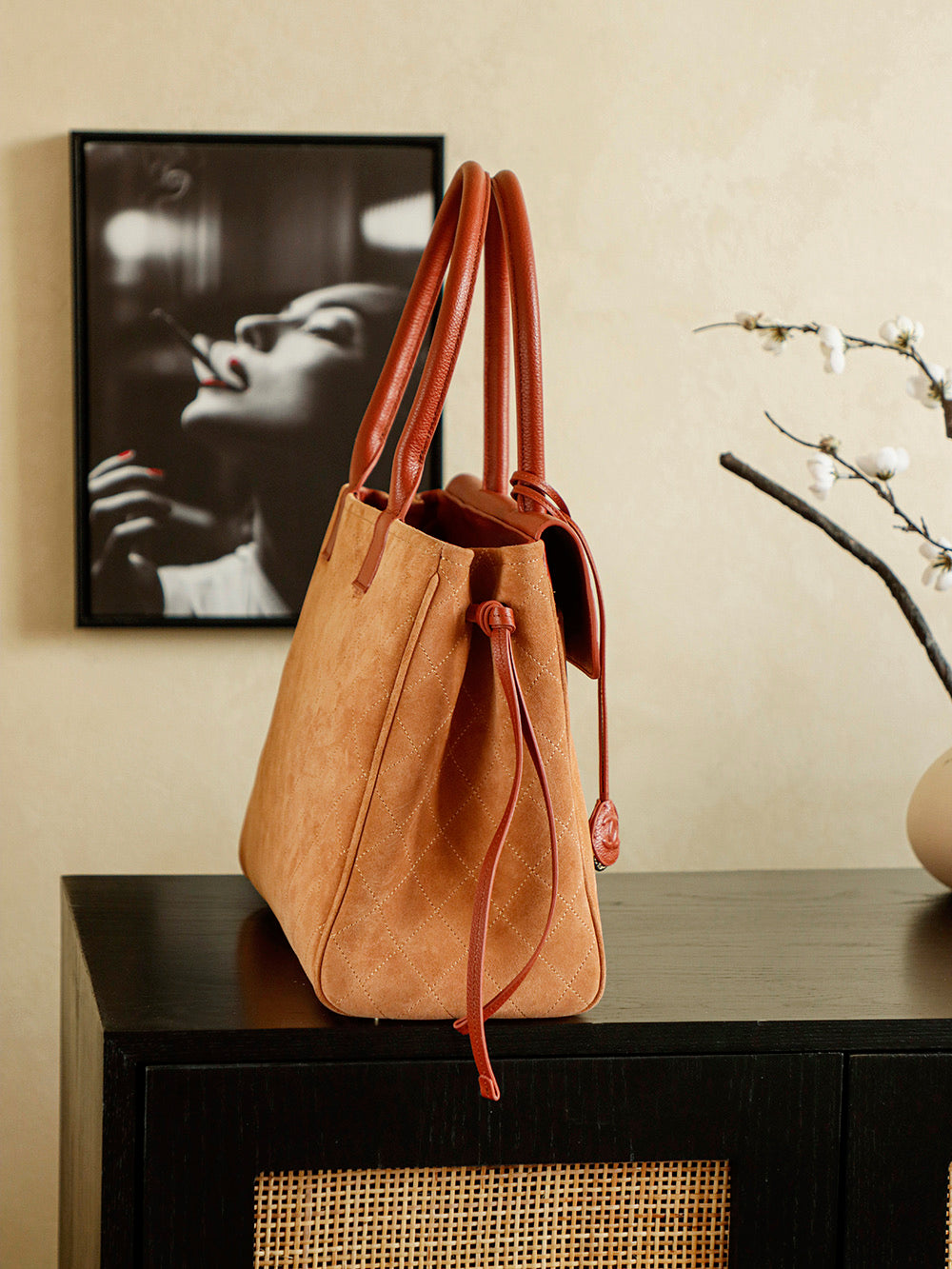Suede & Leather Boston Top Handle Bag