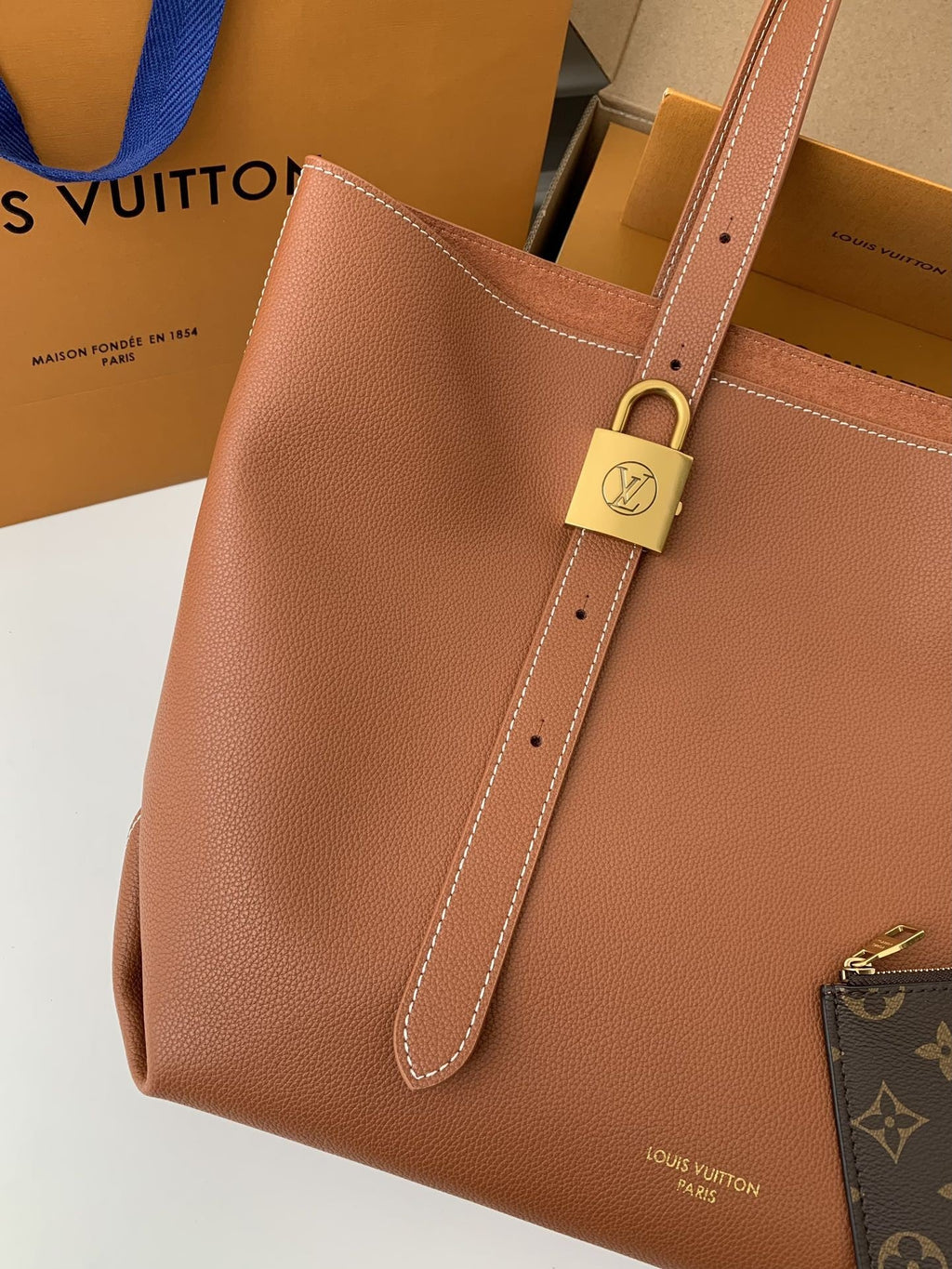 Calfskin Leather Tote Bag with Monogram Pouch