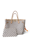 SWORD LUXURY Damier Azur kanvas Neverfull MM tote çanta, bej deri detaylı ve çıkarılabilir fermuarlı cüzdanı ile.