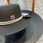 Woven Straw Hat with Pearl Band and Silk Bow Detail