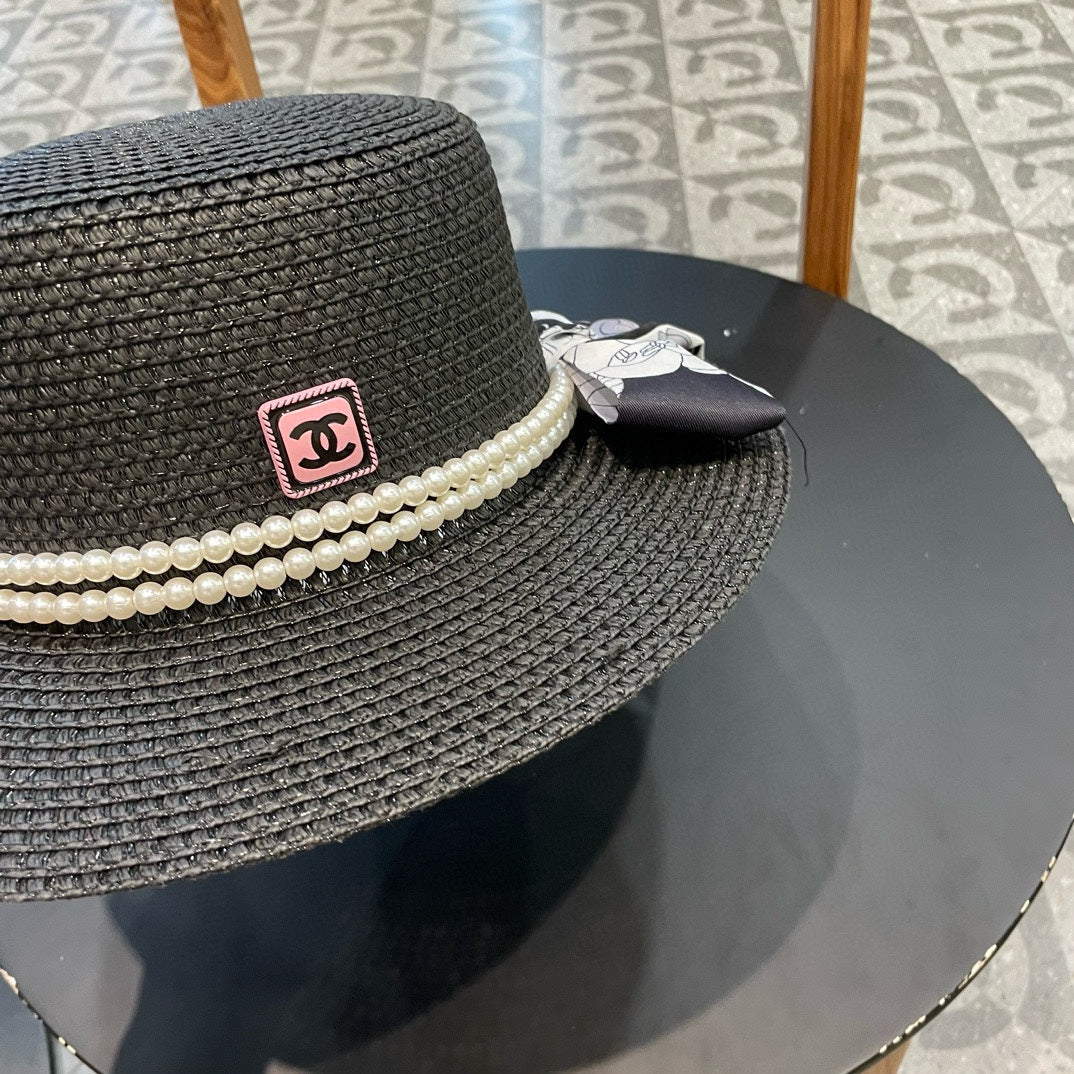 Woven Straw Hat with Pearl Band and Silk Bow Detail