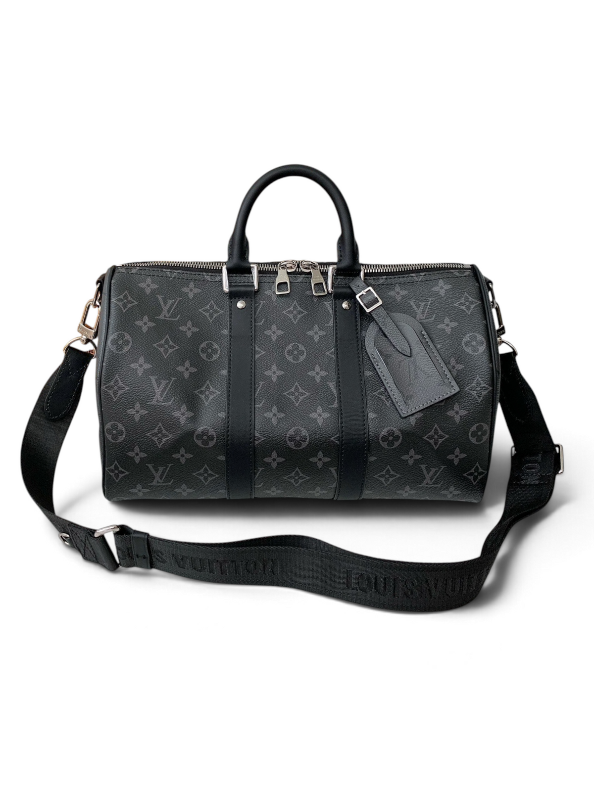 SWORD LUXURY Keepall Bandoulière 35 seyahat çantası, siyah gri Monogram Eclipse kanvas ve deri detaylı, gümüş donanımlı.