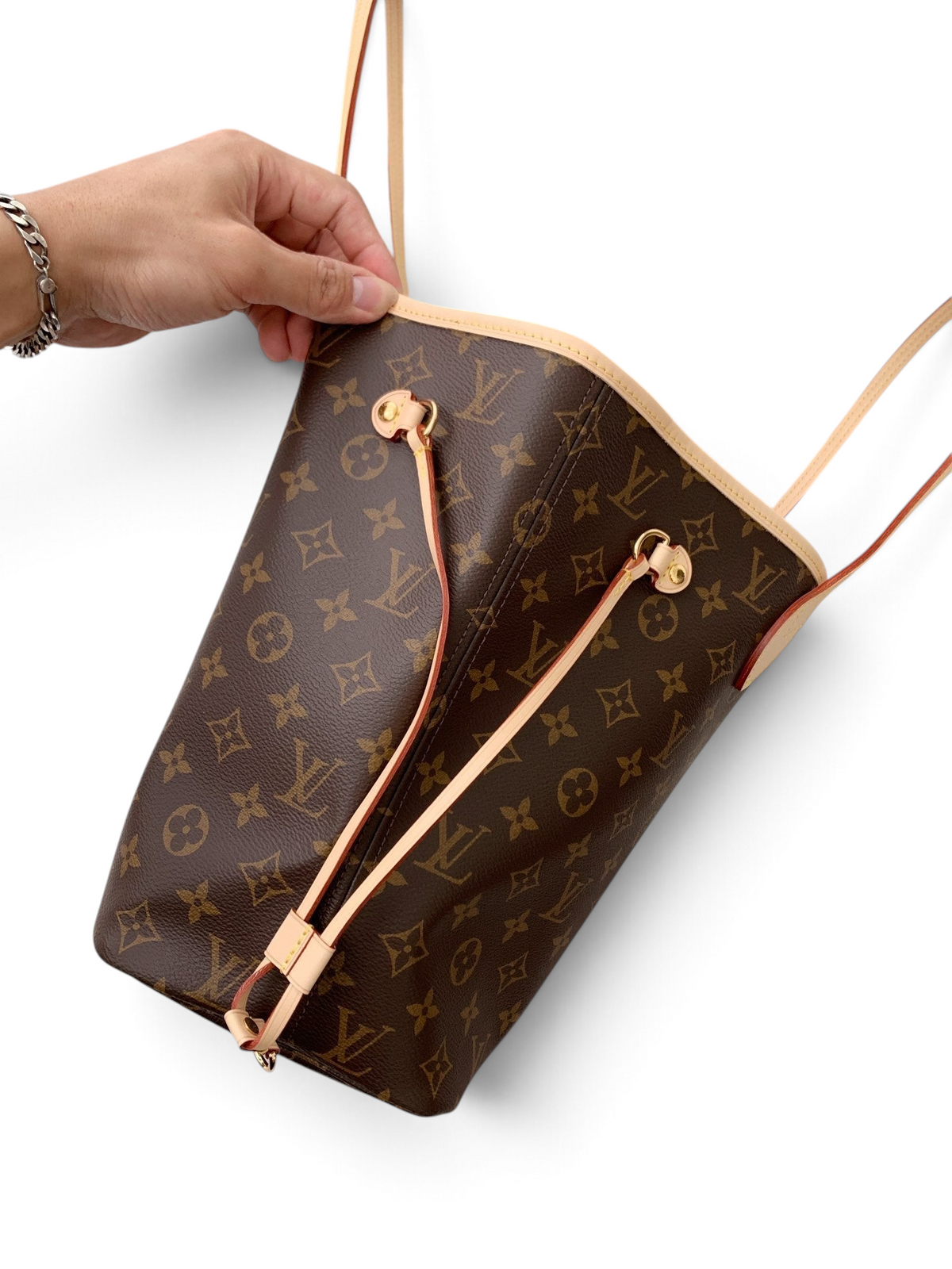 SWORD LUXURY Neverfull MM monogram kanvas çanta, doğal deri saplı ve yan bağcıklı, yanında fermuarlı küçük cüzdanı ile.