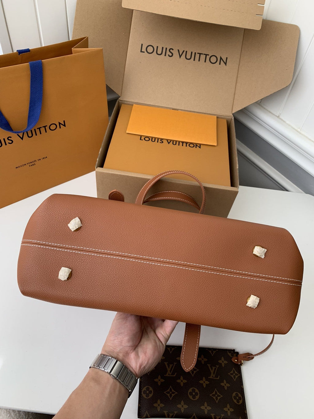 Calfskin Leather Tote Bag with Monogram Pouch
