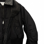 SWORD LUXURY siyah naylon bomber ceket, örgü deri yaka detaylı ve fermuarlı tasarım