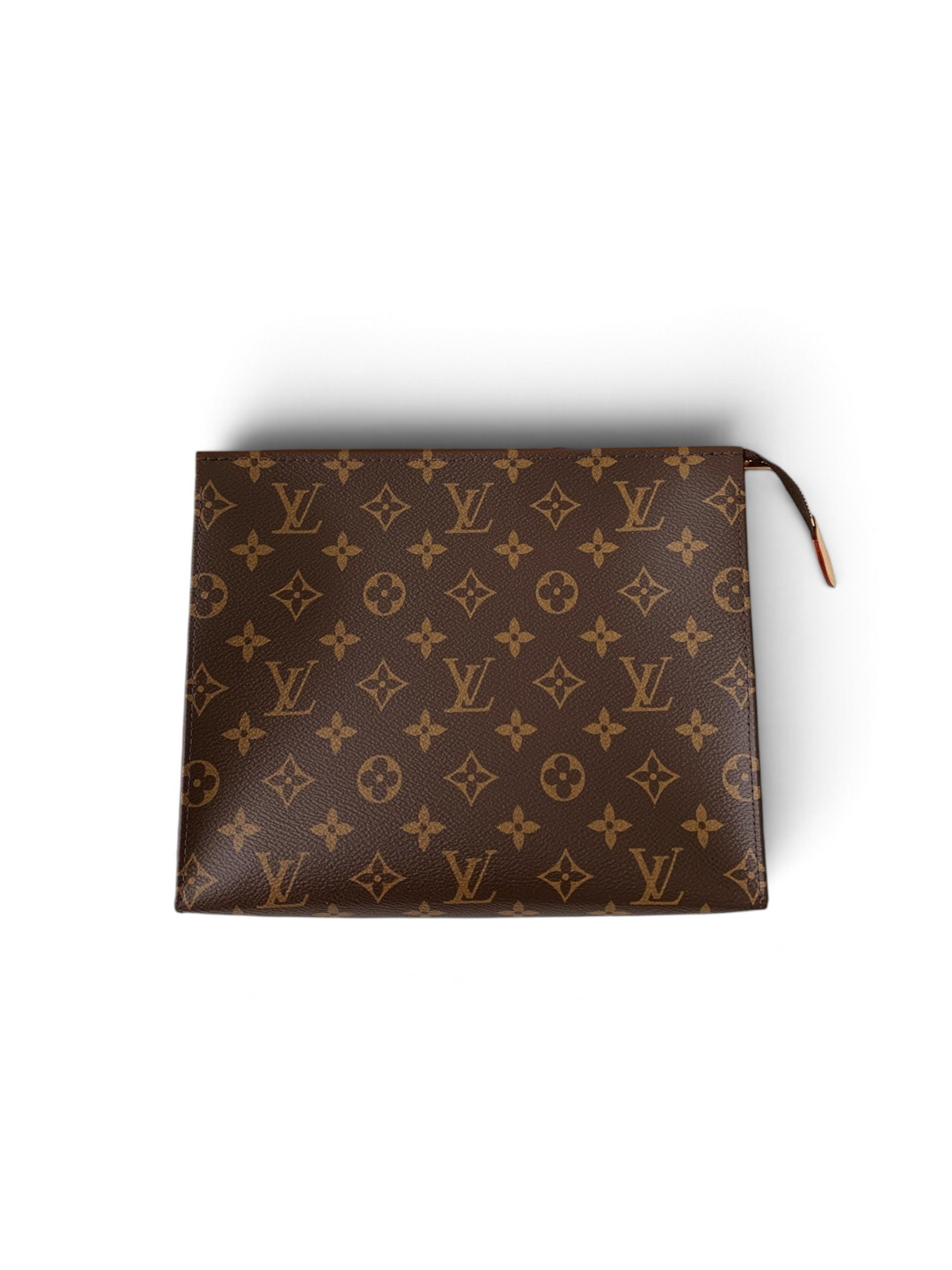 SWORD LUXURY imzalı, ikonik monogram desenli, kahverengi kanvas Louis Vuitton Toiletry Pouch 26 ve kutu seti.