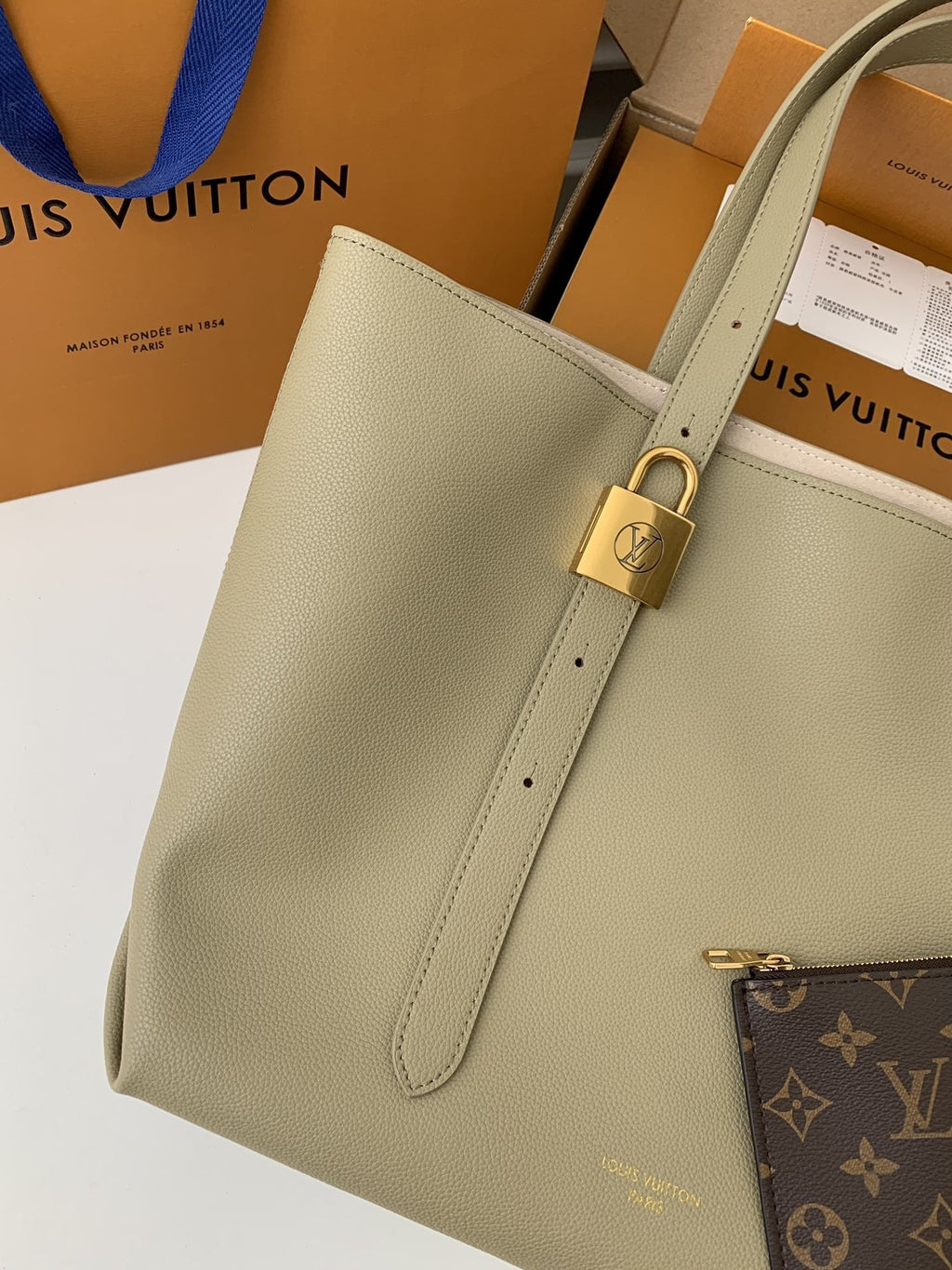 Calfskin Leather Tote Bag with Monogram Pouch