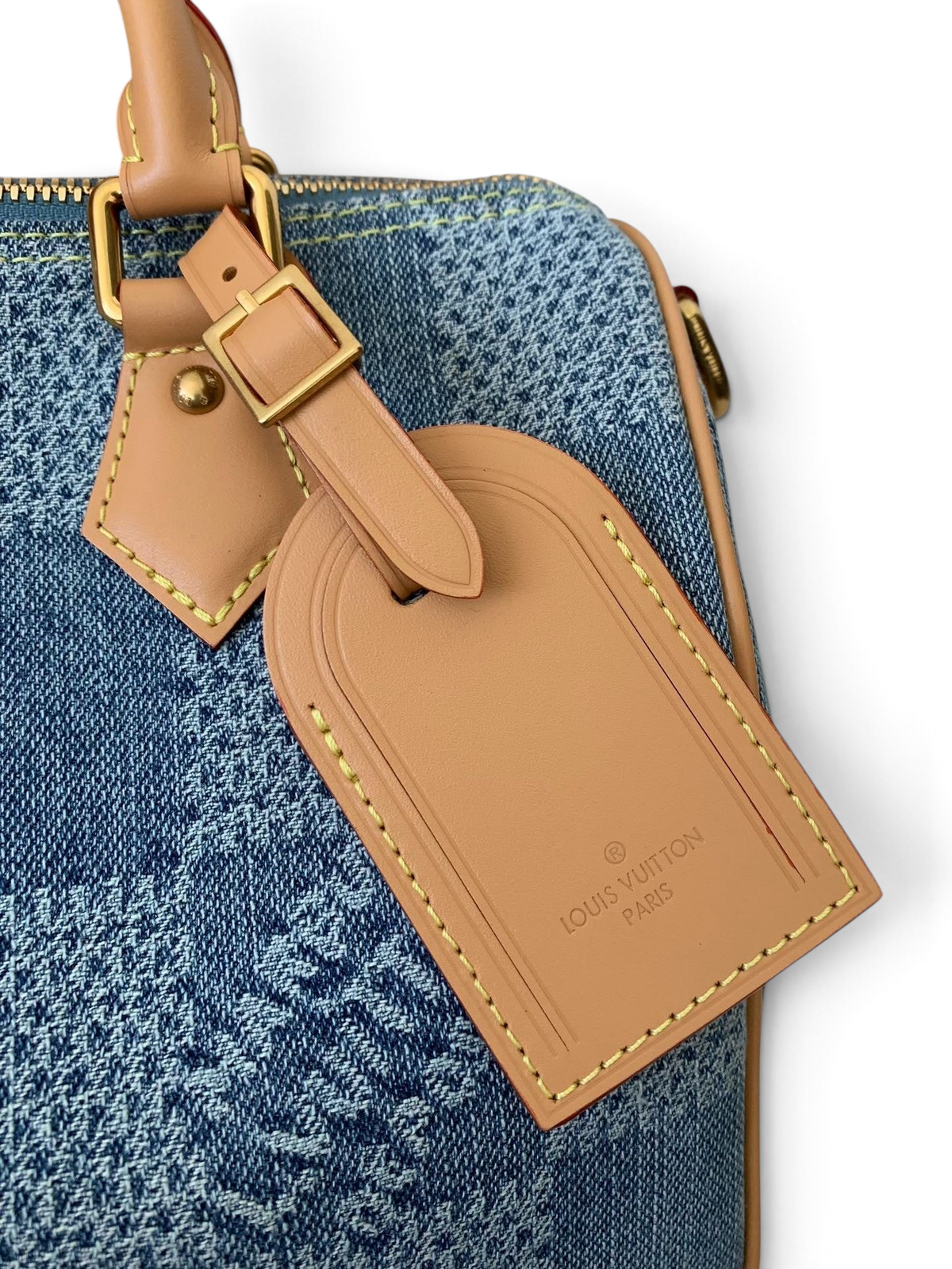 SWORD LUXURY Denim Damier Speedy çanta, taba rengi deri detaylar, altın tonlu donanım ve deri isim etiketi ile.