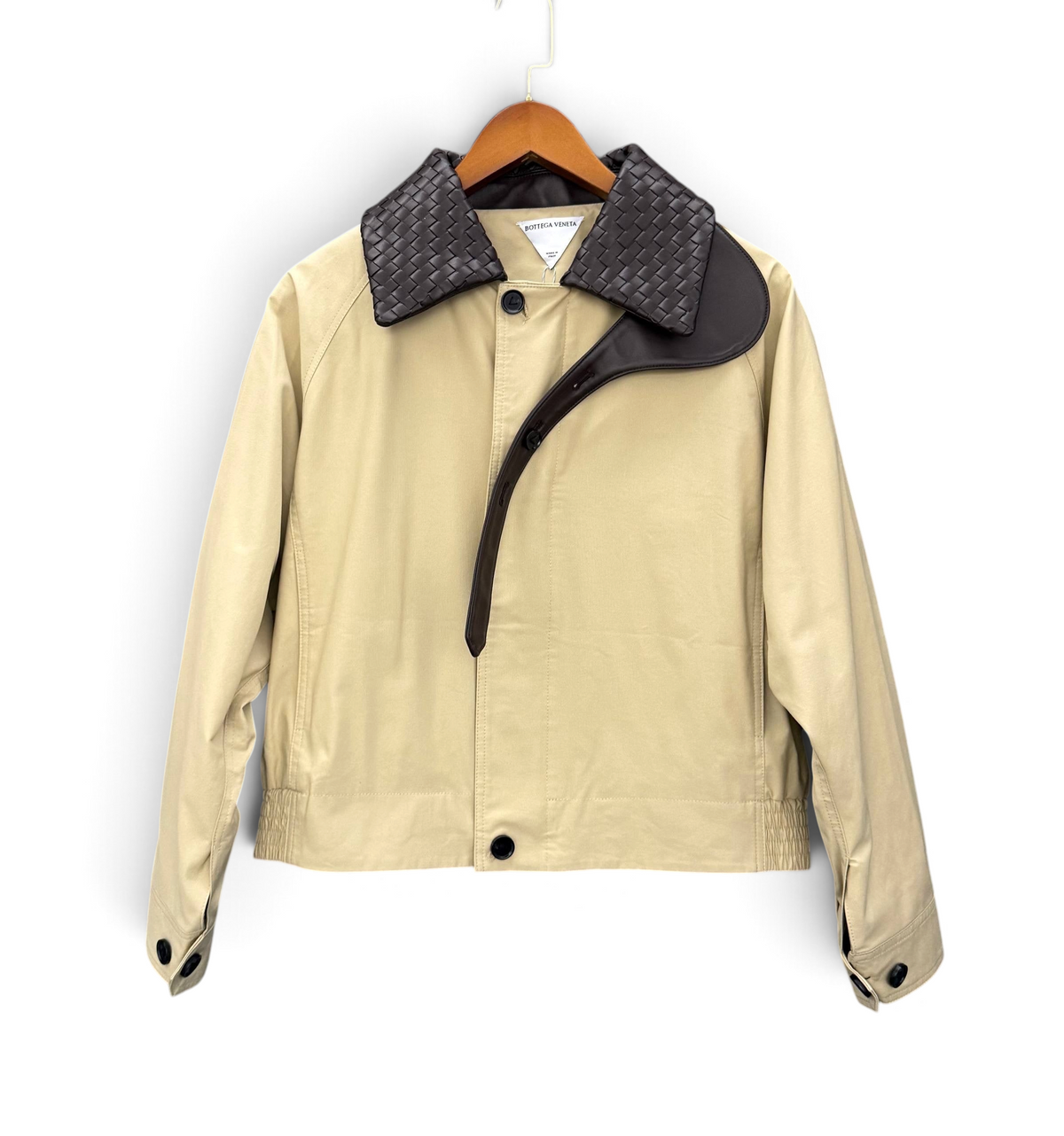 SWORD LUXURY bej renkli, kahverengi örgülü deri yakalı pamuklu Blueson ceket