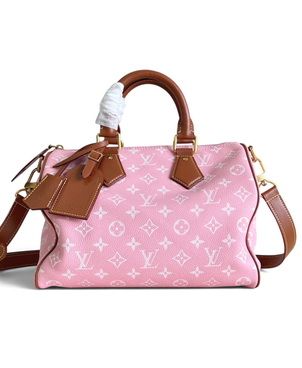 SWORD LUXURY marka pembe monogram kanvas Louis Vuitton Speedy Bandouliere 30 çanta, deri detaylı ve altın donanımlı.