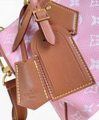 SWORD LUXURY marka pembe Louis Vuitton Speedy çanta üzerinde kahverengi deri bagaj etiketleri ve altın detaylar