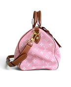 SWORD LUXURY pembe monogram kanvas Louis Vuitton Speedy Bandouliere 30 çanta, deri detaylı ve altın tonlu donanımlı