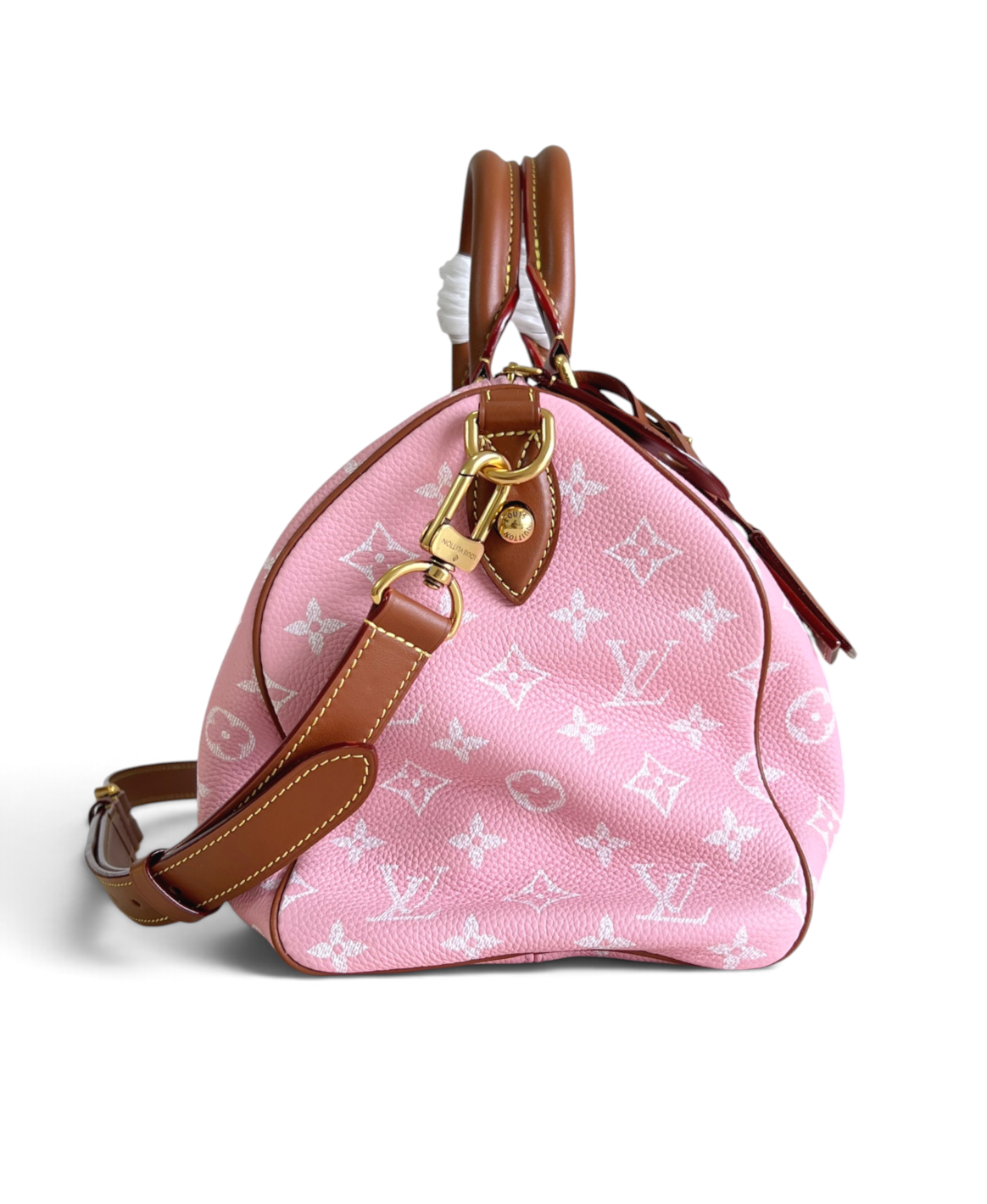 SWORD LUXURY pembe monogram kanvas Louis Vuitton Speedy Bandouliere 30 çanta, deri detaylı ve altın tonlu donanımlı