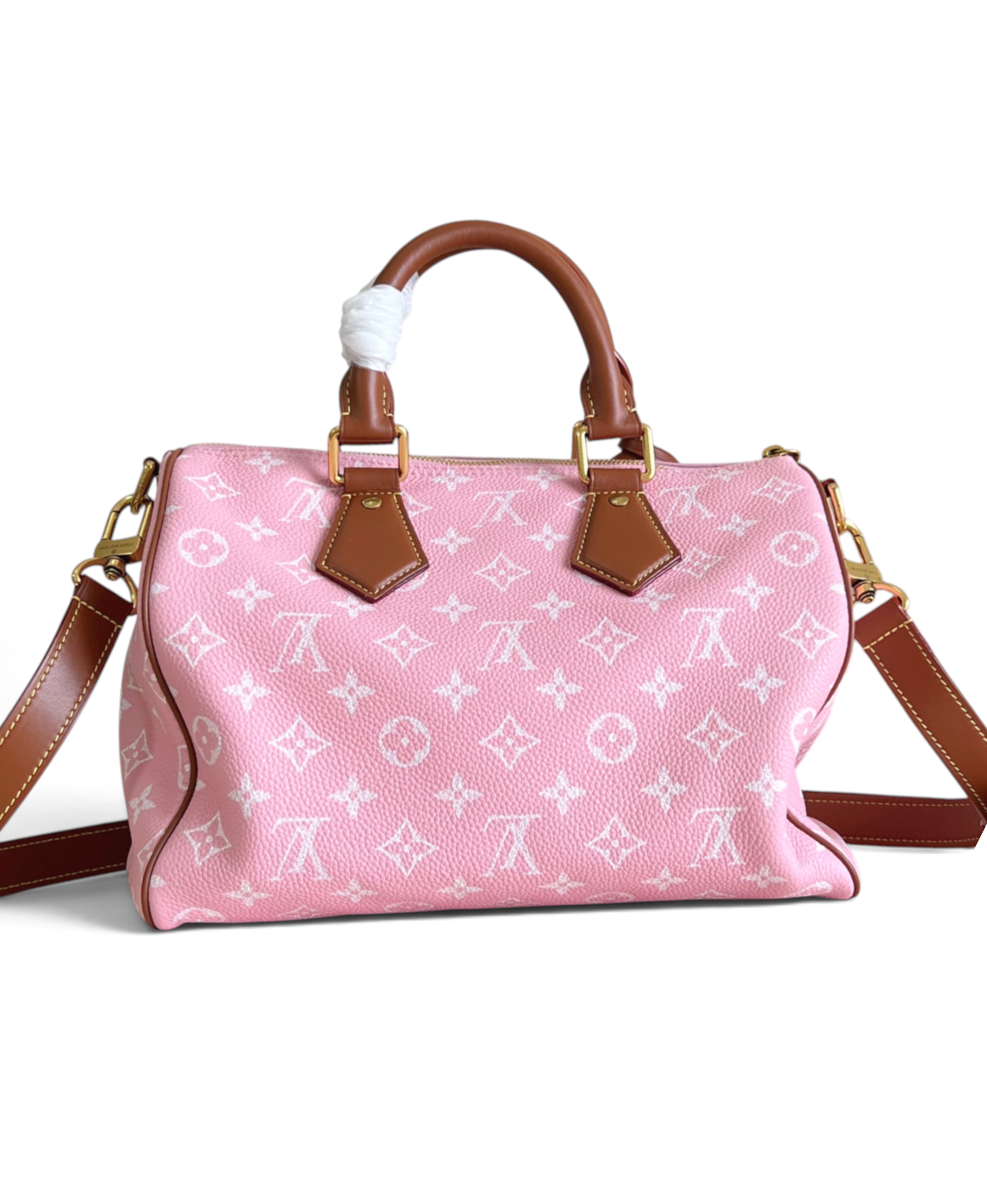 SWORD LUXURY pembe monogram kanvas Louis Vuitton Speedy Bandouliere 30 çanta, kahverengi deri detaylı ve altın donanımlı