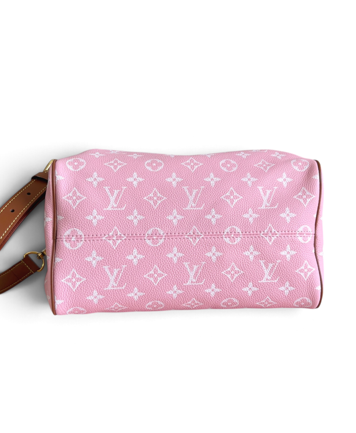 SWORD LUXURY pembe Louis Vuitton Speedy Bandoulière 30 monogram kanvas çanta, kahverengi deri detaylı ve altın donanımlı.