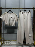 Beige 2-Piece Luxury Set – Zip Top & Wide-Leg Pants