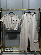 Beige 2-Piece Luxury Set – Zip Top & Wide-Leg Pants