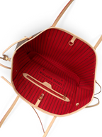 SWORD LUXURY Neverfull MM çanta, ikonik monogram kanvas dış yüzey ve canlı kayısı rengi çizgili iç astar detaylı.