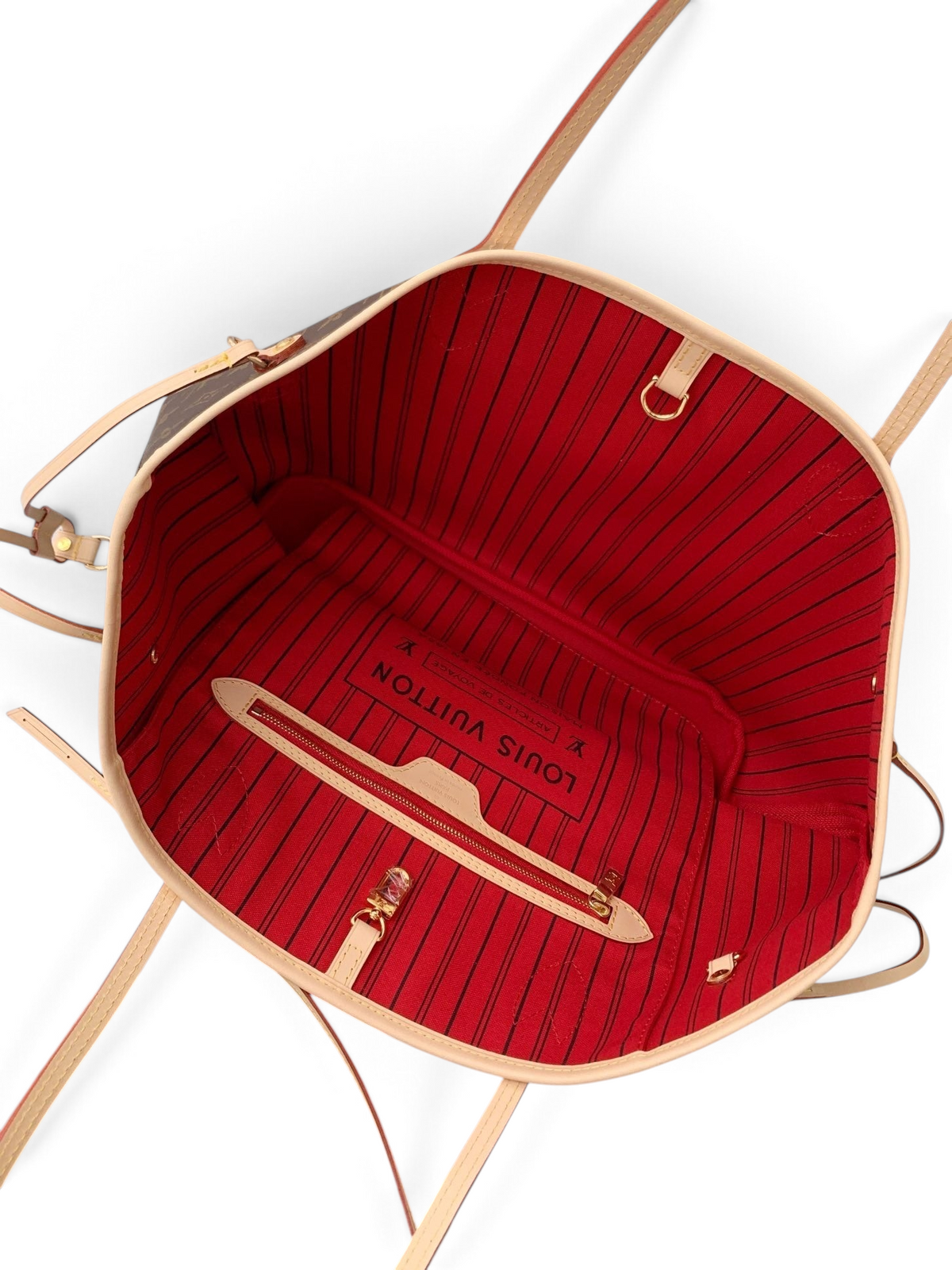 SWORD LUXURY Neverfull MM çanta, ikonik monogram kanvas dış yüzey ve canlı kayısı rengi çizgili iç astar detaylı.