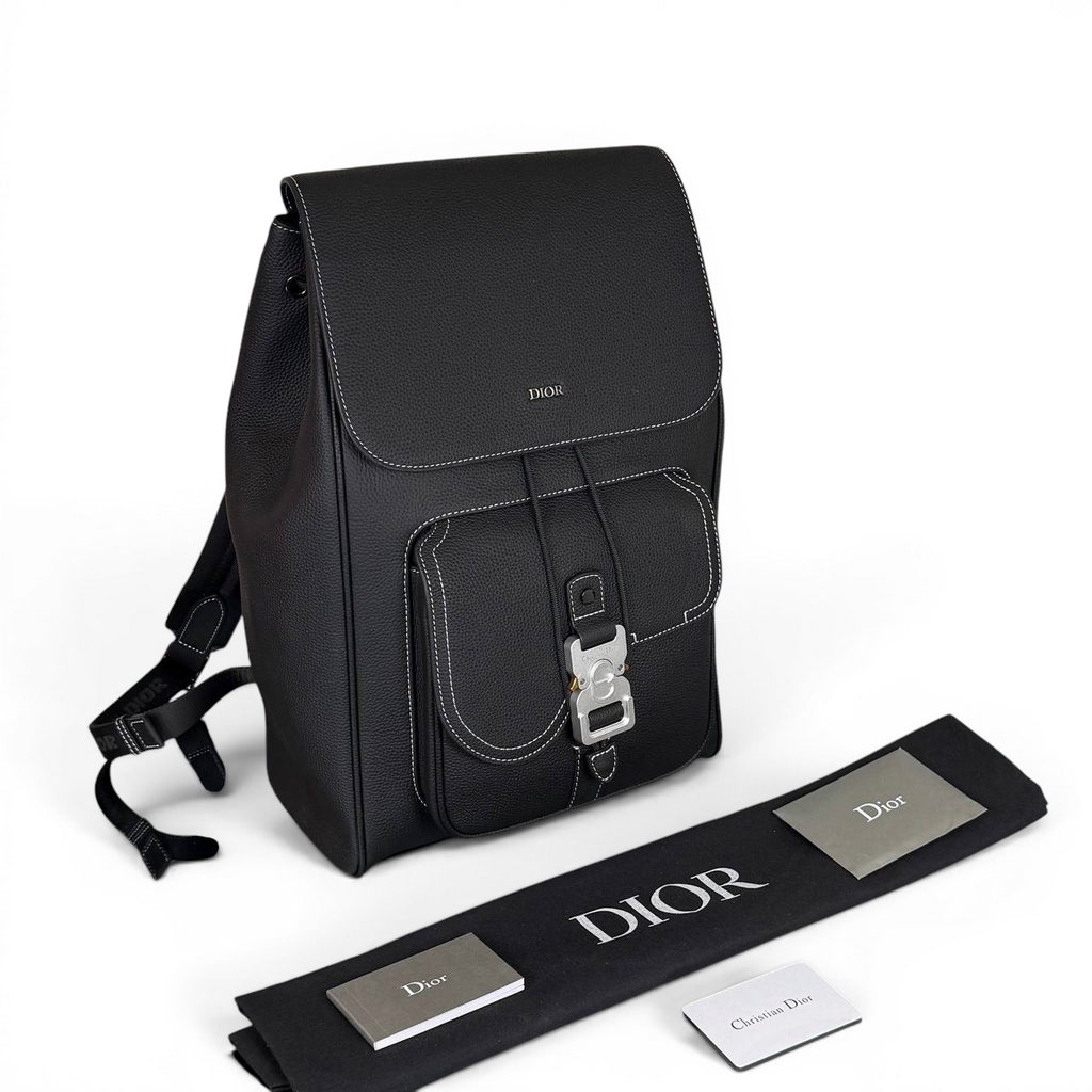 Saddle Backpack with Flap in Black Grained Calfskin