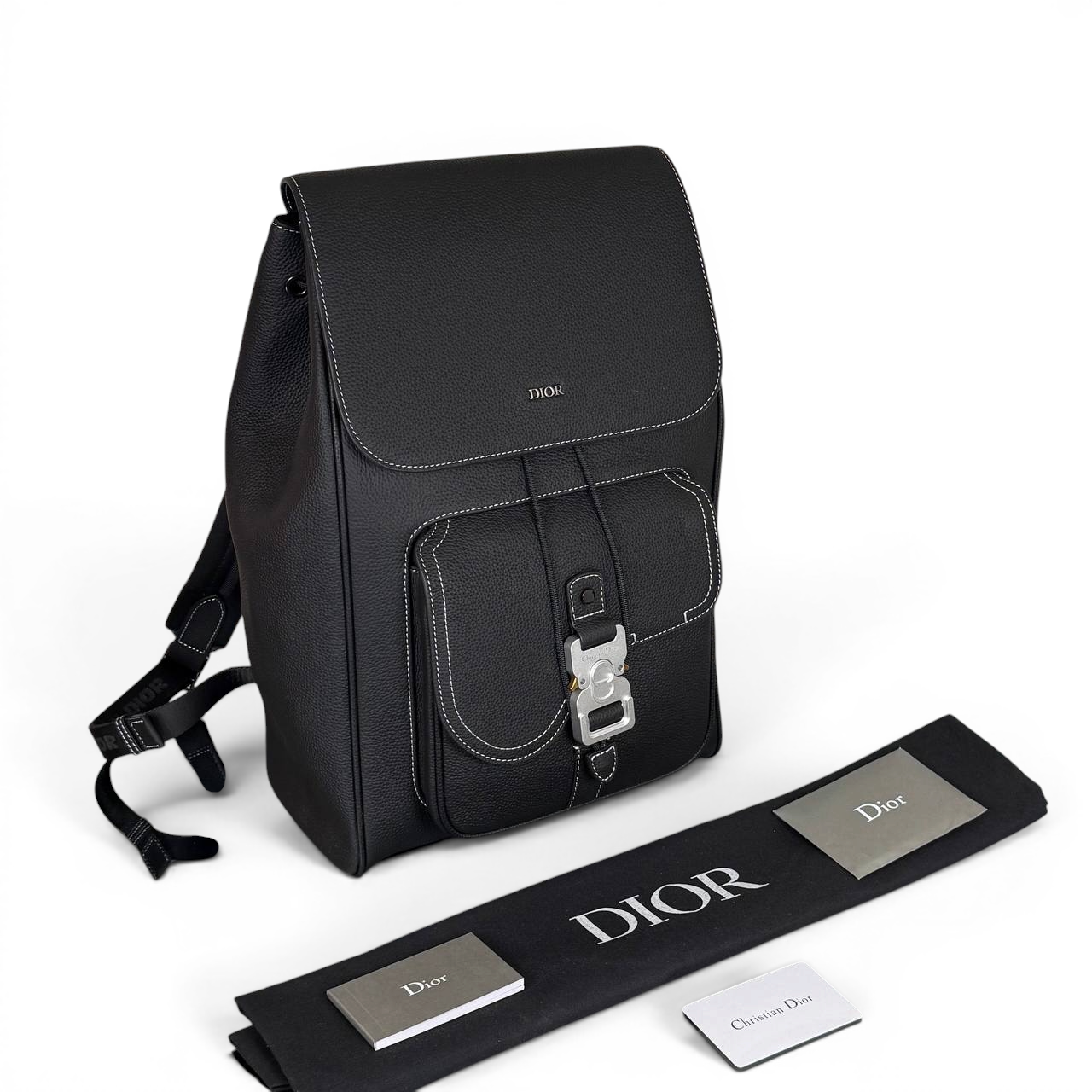Saddle Backpack with Flap in Black Grained Calfskin