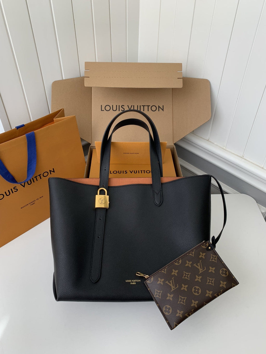 Calfskin Leather Tote Bag with Monogram Pouch