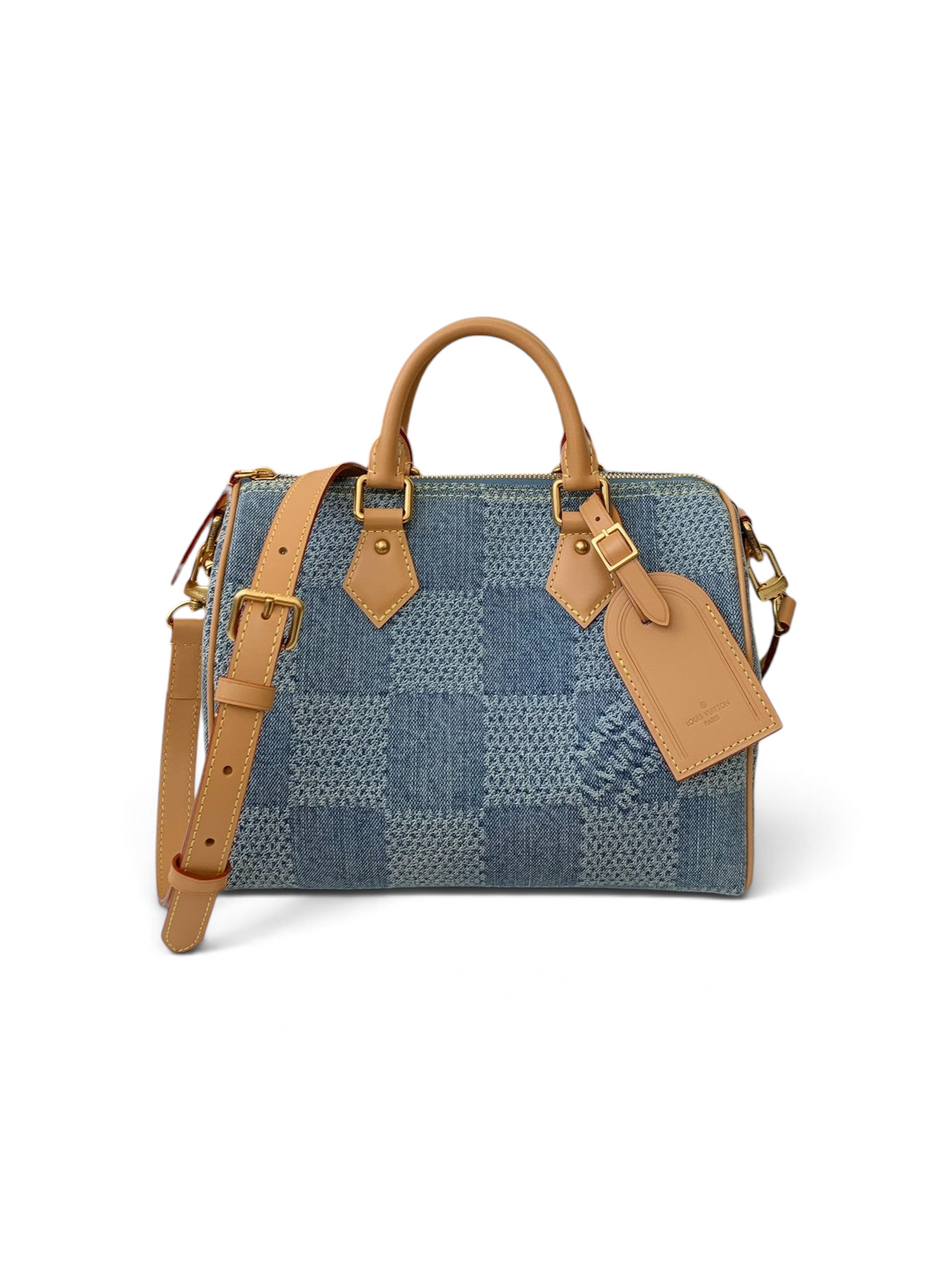 SWORD LUXURY marka, Damier desenli mavi denim ve taba rengi deri detaylı Louis Vuitton Speedy çanta