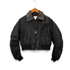 SWORD LUXURY siyah naylon bomber ceket, örgü deri yaka detaylı ve fermuarlı tasarım