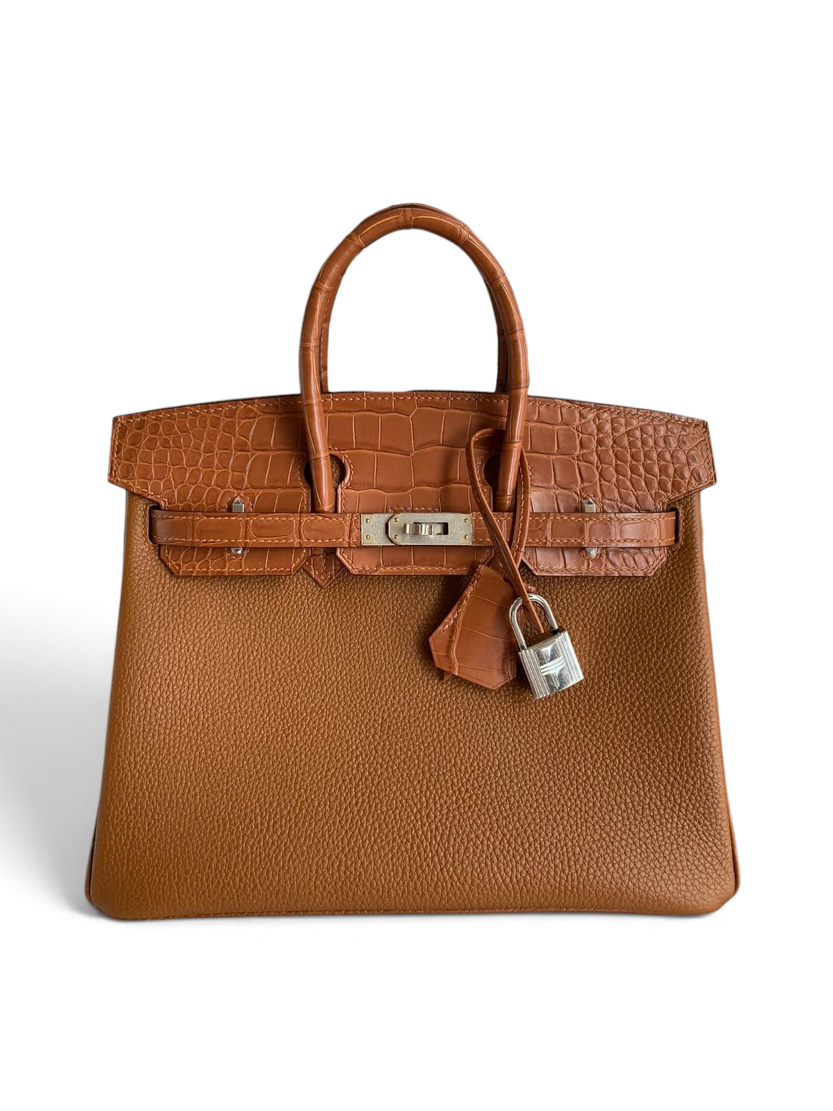 SWORD LUXURY marka, altın kahverengi Togo deri ve timsah derisi detaylı, paladyum donanımlı Hermès Birkin 30 çanta.