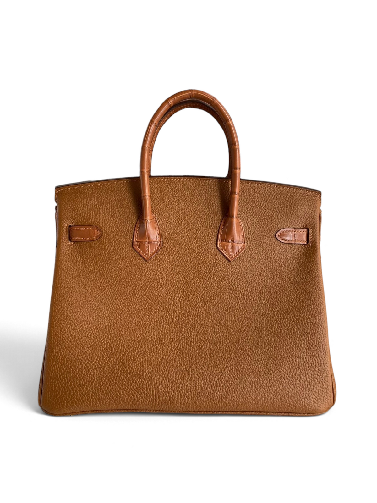 SWORD LUXURY marka, altın kahverengi Togo deri ve timsah derisi detaylı, paladyum donanımlı Hermès Birkin 30 çanta.