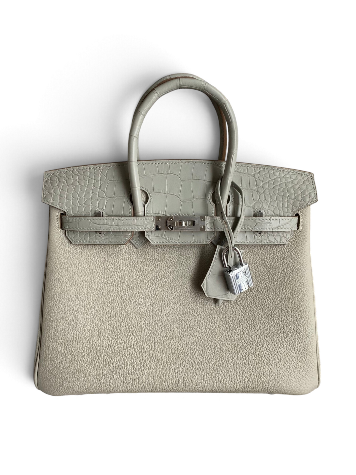 SWORD LUXURY Gris Asphalte Togo deri ve timsah derisi detaylı, paladyum donanımlı Hermès Birkin 30 çanta.